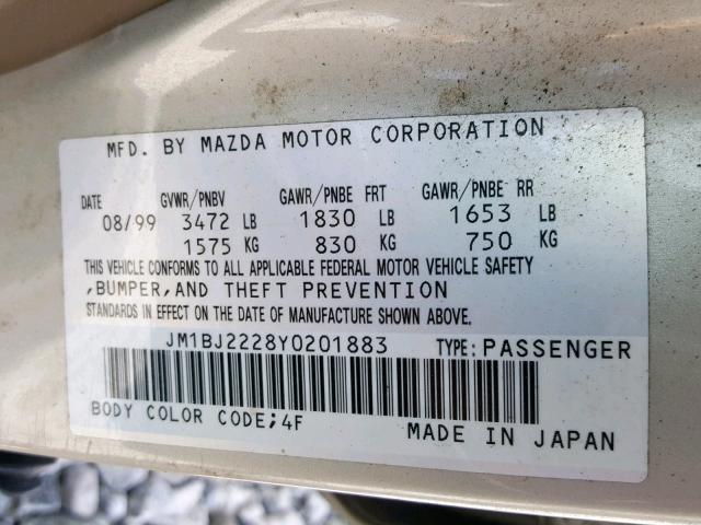 JM1BJ2228Y0201883 - 2000 MAZDA PROTEGE DX BEIGE photo 10