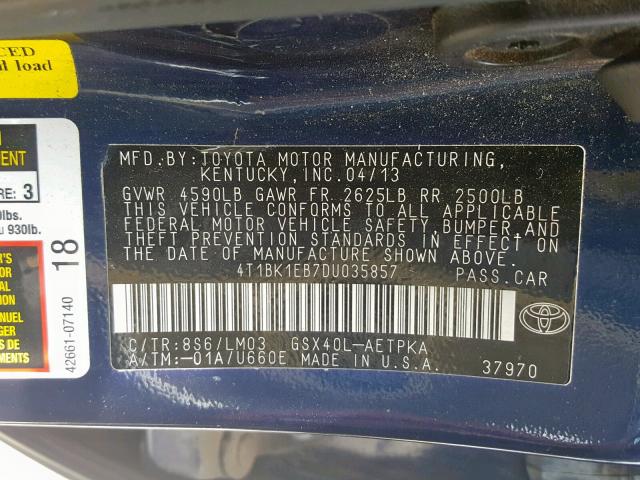 4T1BK1EB7DU035857 - 2013 TOYOTA AVALON BAS BLUE photo 10