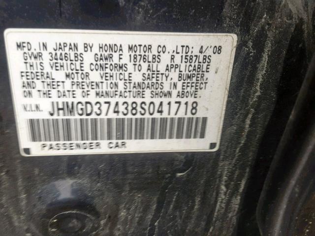 JHMGD37438S041718 - 2008 HONDA FIT BLACK photo 10