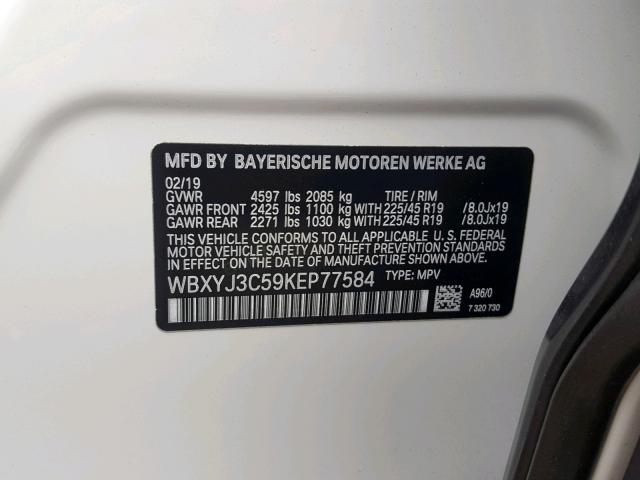 WBXYJ3C59KEP77584 - 2019 BMW X2 SDRIVE2 WHITE photo 10