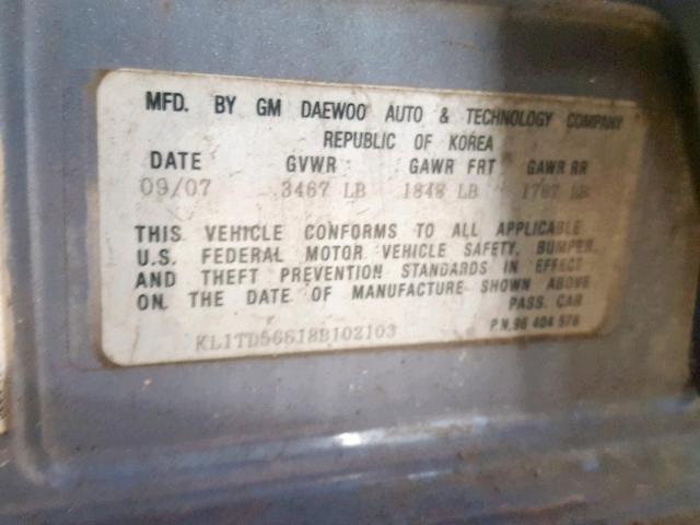 KL1TD56618B102103 - 2008 CHEVROLET AVEO BASE Көк фото 10