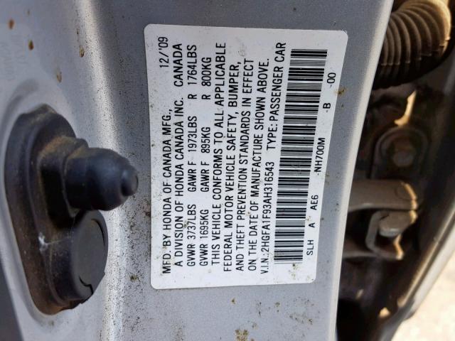 2HGFA1F93AH316543 - 2010 HONDA CIVIC EXL ვერცხლისფერი ფოტო 10