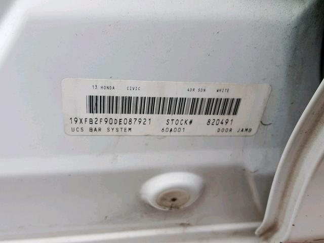 19XFB2F90DE087921 - 2013 HONDA CIVIC EXL თეთრი ფოტო 10