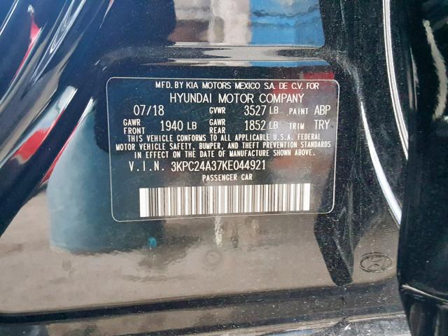 3KPC24A37KE044921 - 2019 HYUNDAI ACCENT SE BLACK photo 10