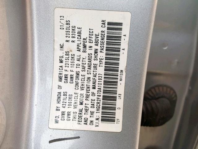 1HGCR2F87DA101937 - 2013 HONDA ACCORD EXL GRAY photo 10