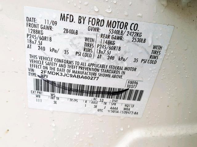 2FMDK3JC9ABA60277 - 2010 FORD EDGE SEL WHITE photo 10