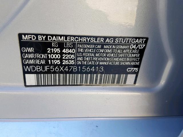 WDBUF56X47B156413 - 2007 MERCEDES-BENZ E 350 SILVER photo 10