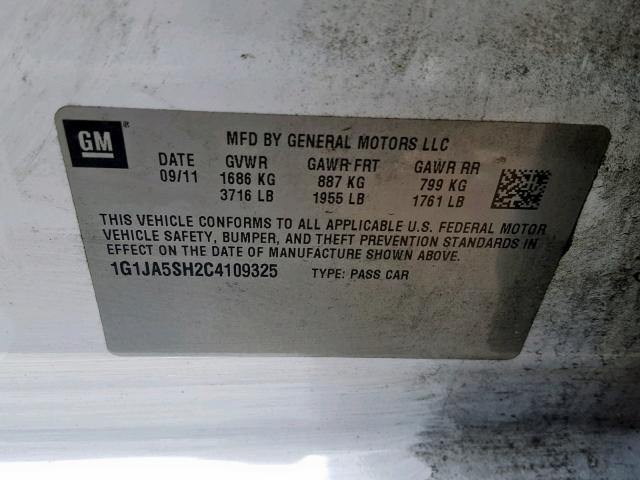 1G1JA5SH2C4109325 - 2012 CHEVROLET SONIC LS WHITE photo 10