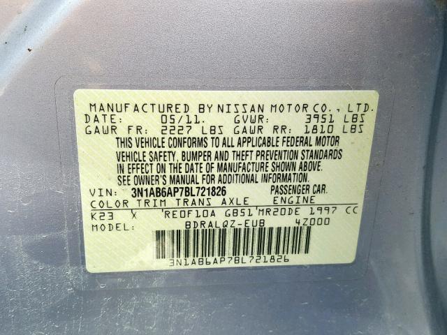 3N1AB6AP7BL721826 - 2011 NISSAN SENTRA 2.0 SILVER photo 10