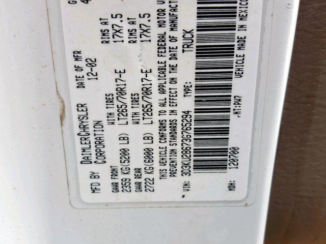 3D3KU28673G765294 - 2003 DODGE RAM 2500 S თეთრი ფოტო 10