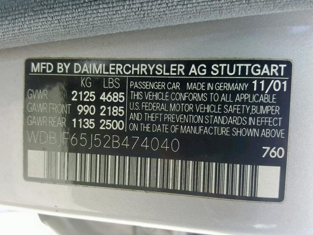 WDBJF65J52B474040 - 2002 MERCEDES-BENZ E 320 SILVER photo 10