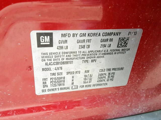 KL4CJCSB1DB098101 - 2013 BUICK ENCORE RED photo 10