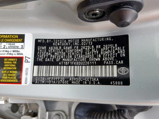 4T1BF1FK8DU226111 - 2013 TOYOTA CAMRY L SILVER photo 10