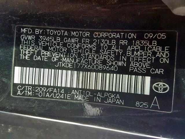 JTKDE177X60089640 - 2006 TOYOTA SCION TC შავი ფოტო 10