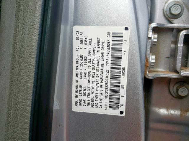 1HGCP36828A034522 - 2008 HONDA ACCORD EXL SILVER photo 10