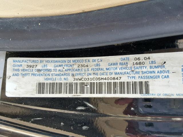 3VWCD31C05M400847 - 2005 VOLKSWAGEN NEW BEETLE შავი ფოტო 10