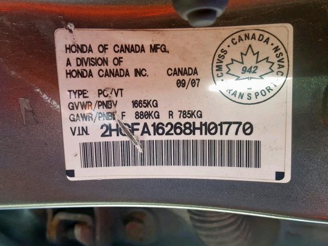 2HGFA16268H101770 - 2008 HONDA CIVIC DX GRAY photo 10