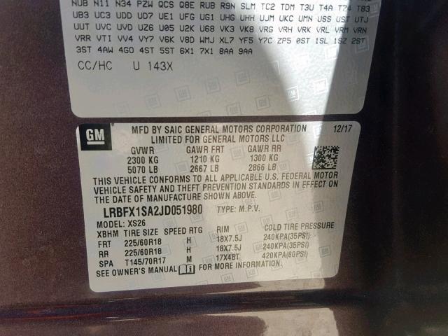 LRBFX1SA2JD051980 - 2018 BUICK ENVISION E PURPLE photo 10