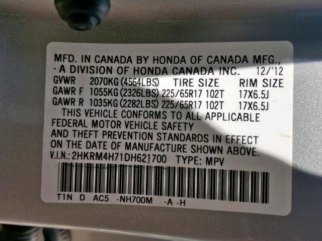 2HKRM4H71DH621700 - 2013 HONDA CR-V EXL SILVER photo 10