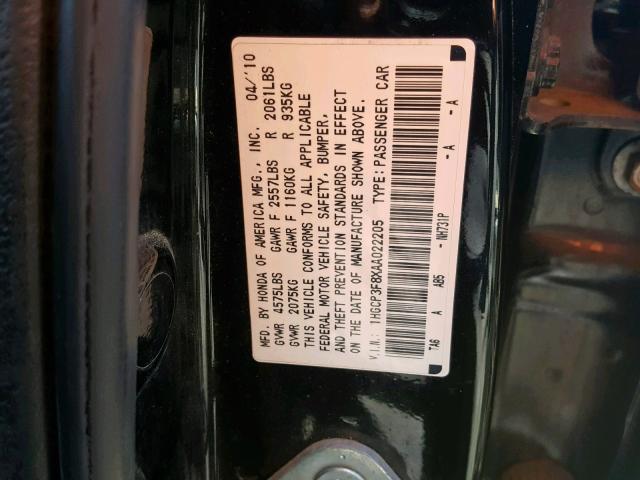 1HGCP3F8XAA022205 - 2010 HONDA ACCORD EXL BLACK photo 10