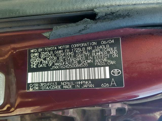 JTKKT624250084535 - 2005 TOYOTA SCION XA BURGUNDY photo 10