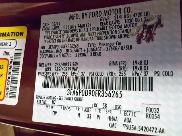 3FA6P0D90ER356265 - 2014 FORD FUSION TIT BURGUNDY photo 10