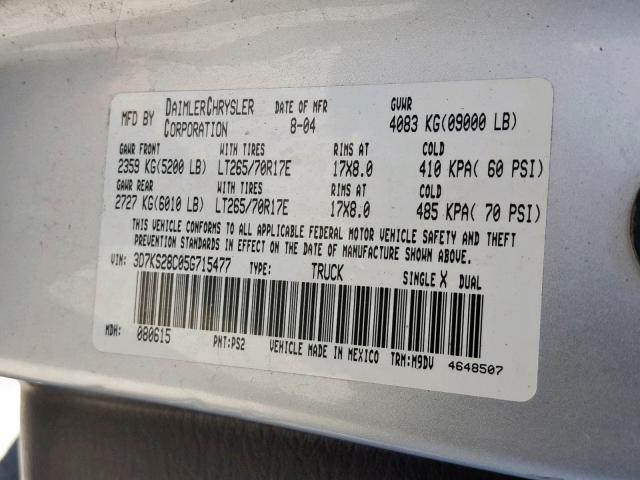 3D7KS28C05G715477 - 2005 DODGE RAM 2500 S Արծաթագույն լուսանկար 10