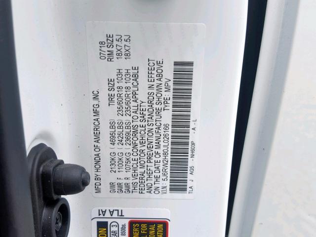 5J6RW2H80JL026166 - 2018 HONDA CR-V EXL WHITE photo 10