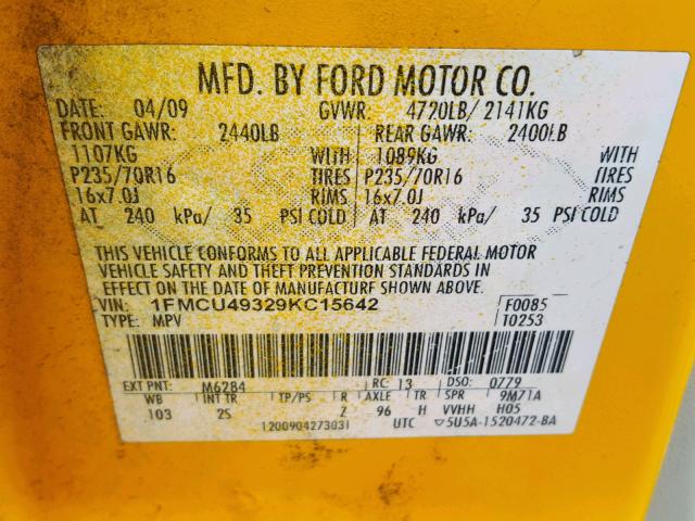 1FMCU49329KC15642 - 2009 FORD ESCAPE HYB YELLOW photo 10