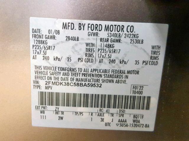 2FMDK38C58BA59532 - 2008 FORD EDGE SEL SILVER photo 10