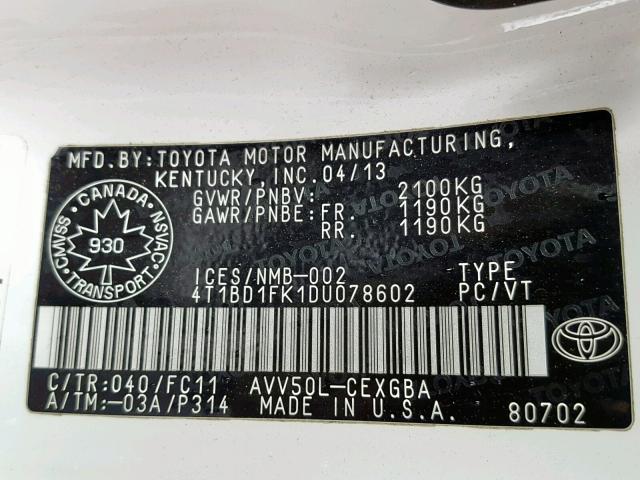 4T1BD1FK1DU078602 - 2013 TOYOTA CAMRY HYBR WHITE photo 10