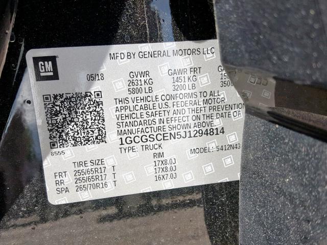 1GCGSCEN5J1294814 - 2018 CHEVROLET COLORADO L BLACK photo 10