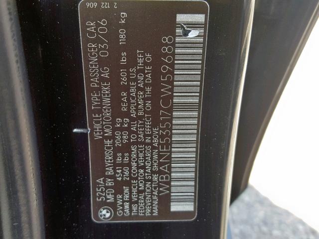 WBANE53517CW59688 - 2007 BMW 525 I BLACK photo 10