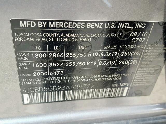 4JGBB5GB9BA639722 - 2011 MERCEDES-BENZ ML 350 GRAY photo 10