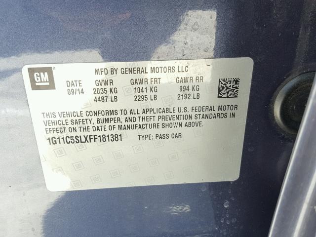1G11C5SLXFF181381 - 2015 CHEVROLET MALIBU 1LT 蓝色 照片 10