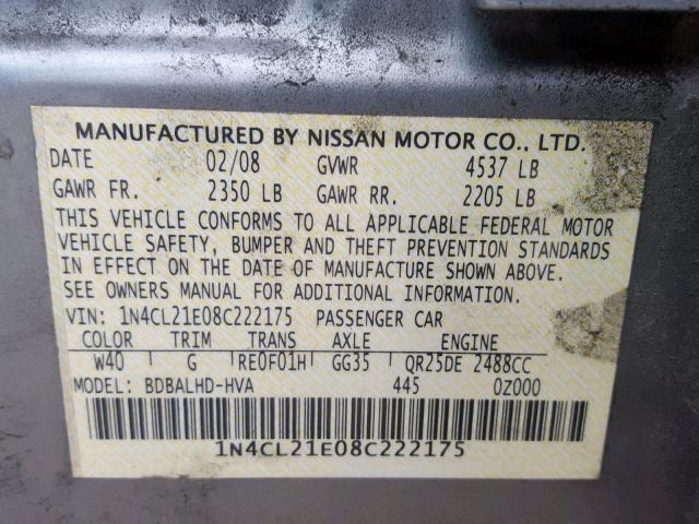 1N4CL21E08C222175 - 2008 NISSAN ALTIMA HYB SILVER photo 10