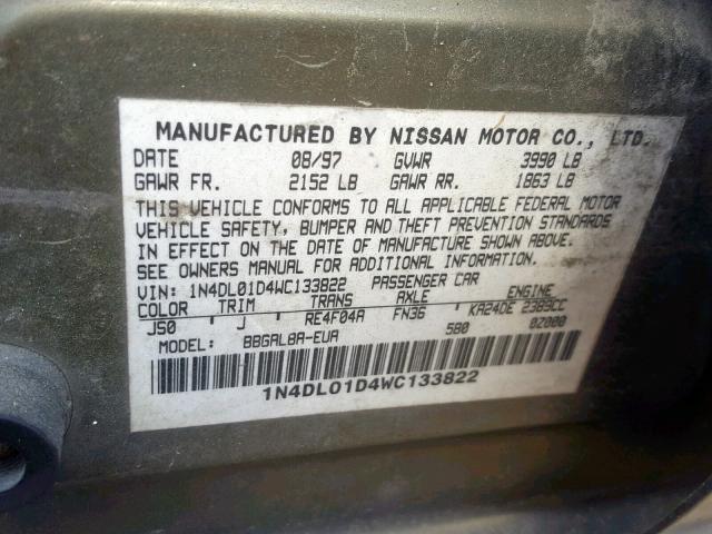 1N4DL01D4WC133822 - 1998 NISSAN ALTIMA XE GREEN photo 10