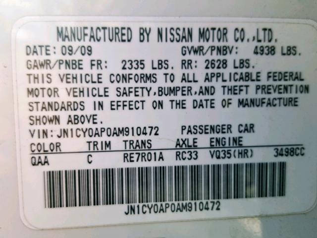 JN1CY0AP0AM910472 - 2010 INFINITI M35 BASE WHITE photo 10