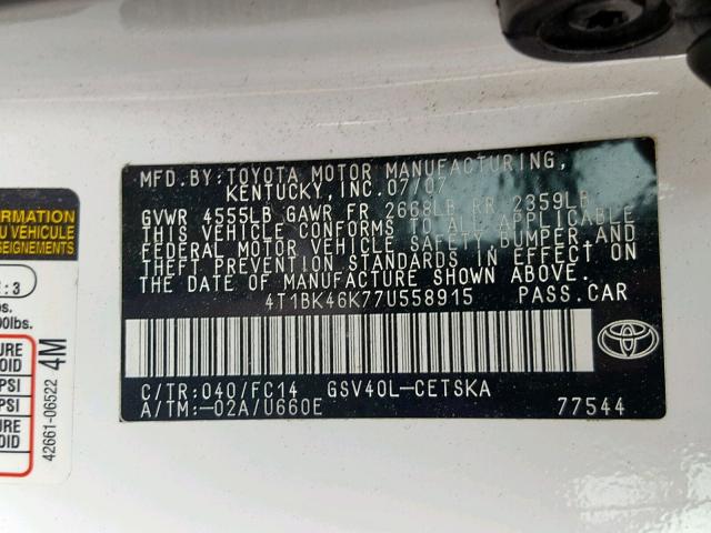 4T1BK46K77U558915 - 2007 TOYOTA CAMRY NEW WHITE photo 10