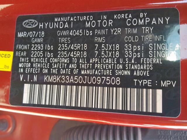 KM8K33A50JU097508 - 2018 HYUNDAI KONA LIMIT RED photo 10