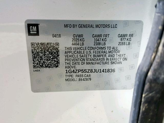 1G4ZP5SZ8JU141836 - 2018 BUICK LACROSSE E 白色 照片 10