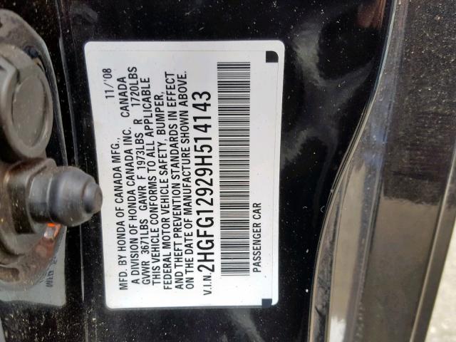 2HGFG12929H514143 - 2009 HONDA CIVIC EXL შავი ფოტო 10
