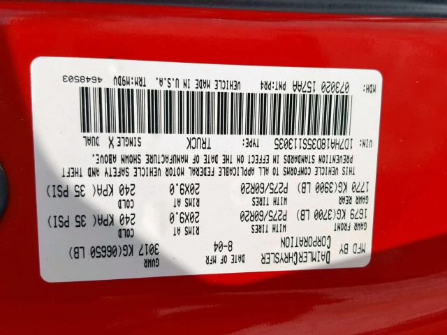 1D7HA18D35S113035 - 2005 DODGE RAM 1500 S RED photo 10