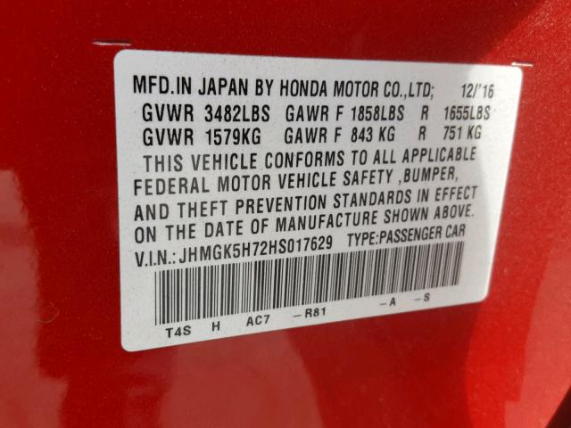 JHMGK5H72HS017629 - 2017 HONDA FIT EX RED photo 10