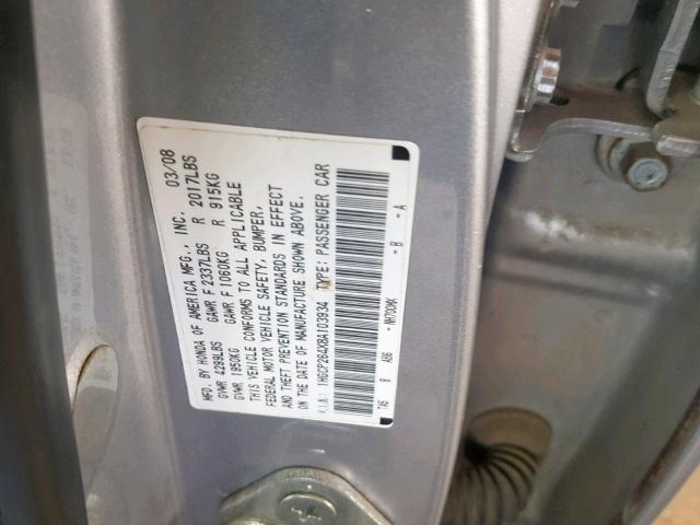 1HGCP264X8A103934 - 2008 HONDA ACCORD LXP SILVER photo 10