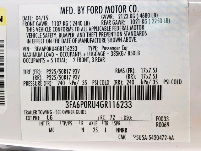 3FA6P0RU4GR116233 - 2016 FORD FUSION TIT WHITE photo 10