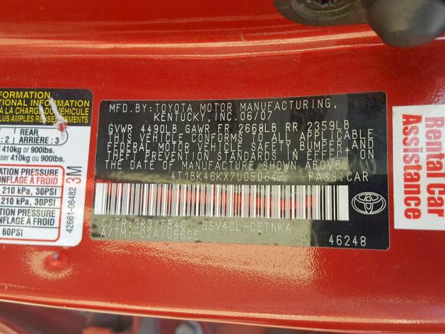 4T1BK46KX7U050647 - 2007 TOYOTA CAMRY NEW RED photo 10