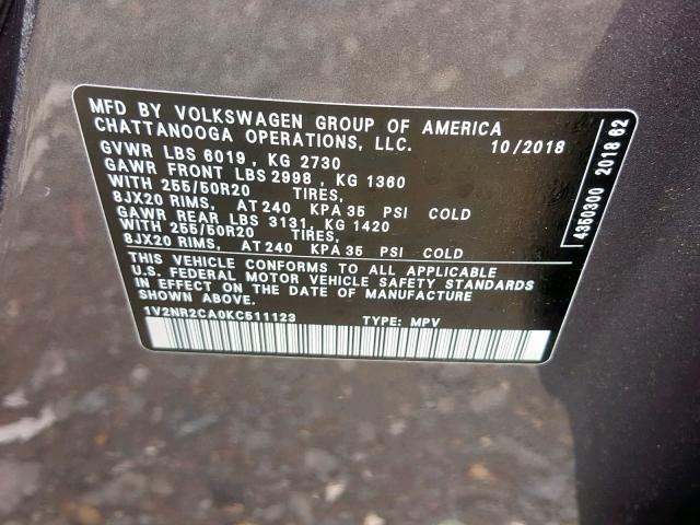 1V2NR2CA0KC511123 - 2019 VOLKSWAGEN ATLAS SEL Boz foto 10