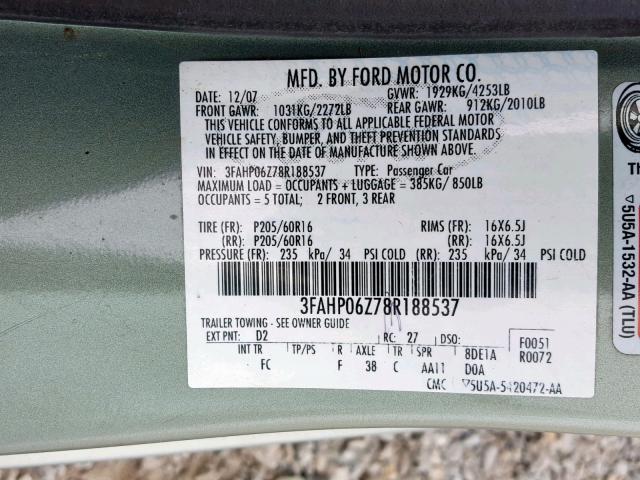 3FAHP06Z78R188537 - 2008 FORD FUSION S GREEN photo 10