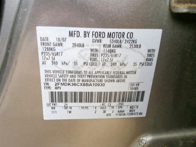 2FMDK36CX8BA10930 - 2008 FORD EDGE SE TAN photo 10